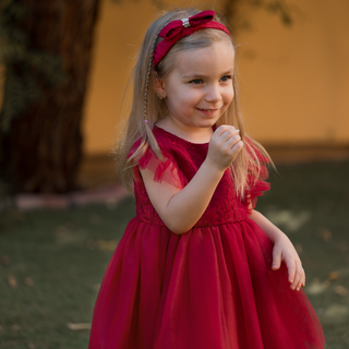 Puff Sleeved Red Dress W/ Head Band