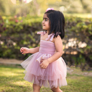 Self Tie Star Bow Ruffle Party Dress Pink