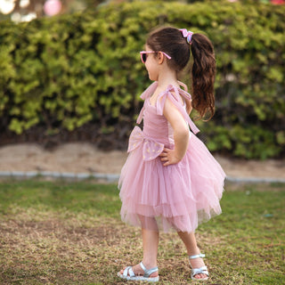 Self Tie Star Bow Ruffle Party Dress Pink