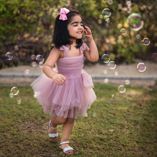 Self Tie Star Bow Ruffle Party Dress Pink