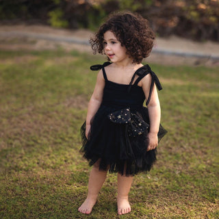 Self Tie Star Bow Ruffle Party Dress Black