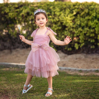 Self Tie Star Bow Ruffle Party Dress Pink