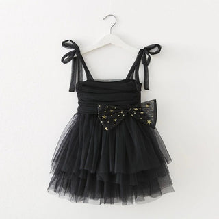 Self Tie Star Bow Ruffle Party Dress Black