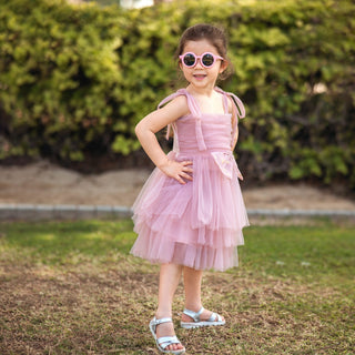 Self Tie Star Bow Ruffle Party Dress Pink