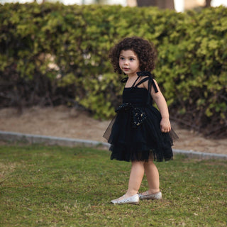 Self Tie Star Bow Ruffle Party Dress Black