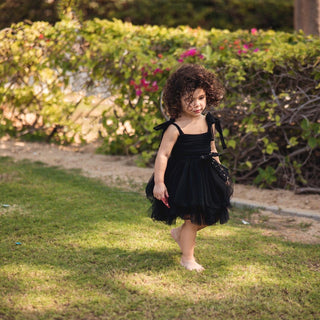 Self Tie Star Bow Ruffle Party Dress Black