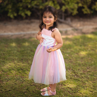 Rainbow Sequin Designed Top Glitter Tutu Dress Pink