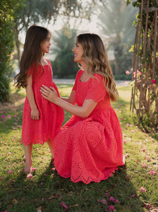 Sarah Broderie Mommy and Me Matching Dress - For Girls - Coral