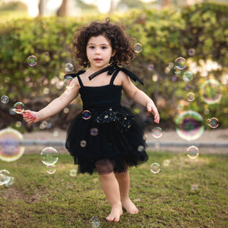 Self Tie Star Bow Ruffle Party Dress Black