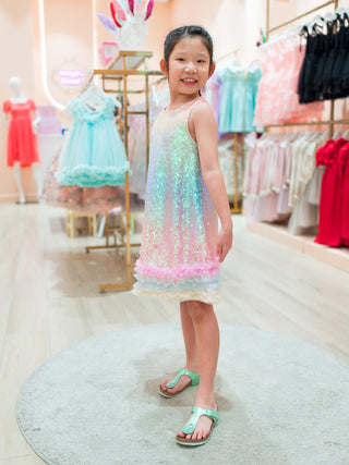 AUDREY  SLEEVED  SEQUIN DRESS W/ MESH RUFFLES