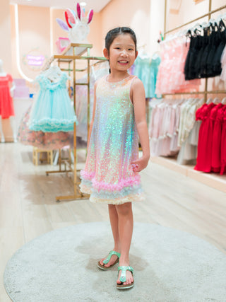 AUDREY  SLEEVED  SEQUIN DRESS W/ MESH RUFFLES