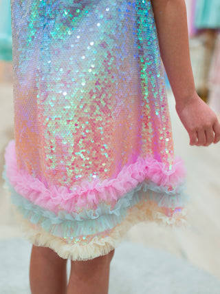 AUDREY  SLEEVED  SEQUIN DRESS W/ MESH RUFFLES