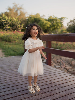 Eliana Sleeved Dress with Frill Collar - Ivory