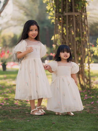 Embroidery Flower Butterfly Sequin Sleeved Dress